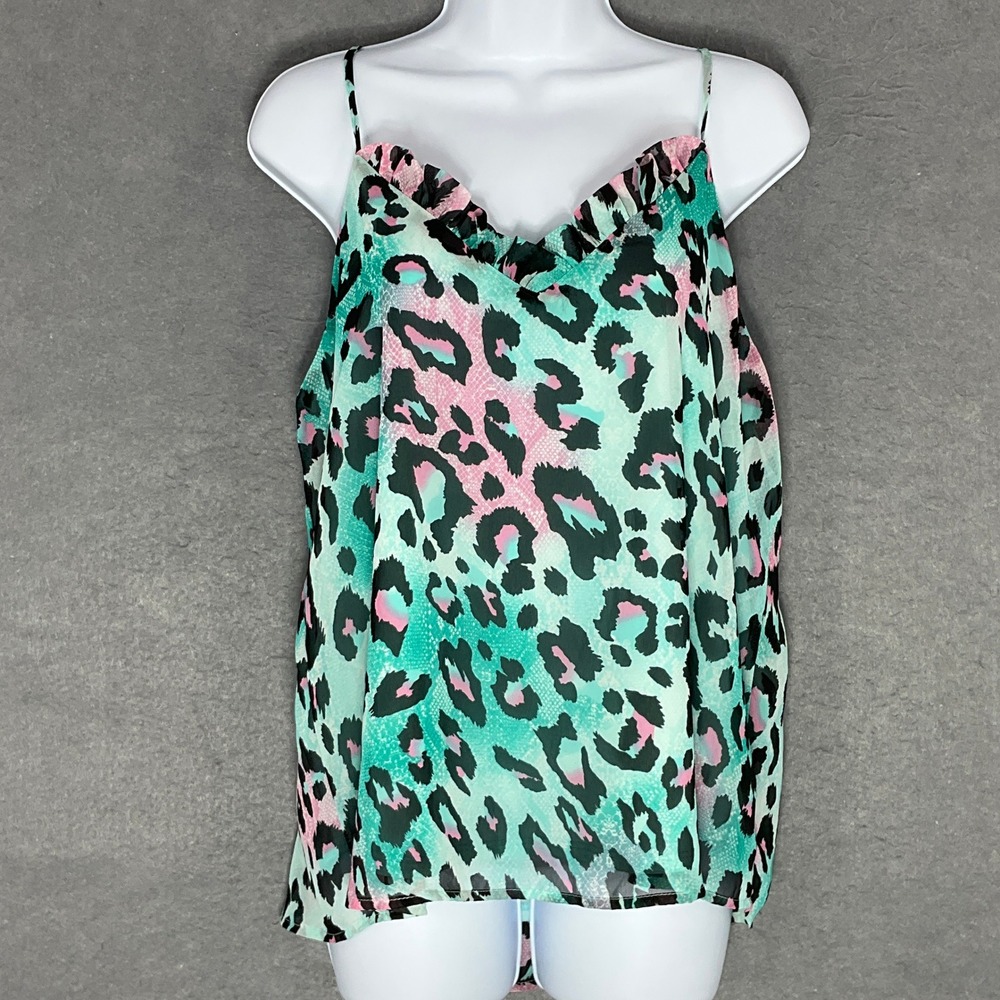 Adrienne Top Womens‎ Sz L Pink Green Leopard Cami Ruffle Trim Sleeveless Blouse